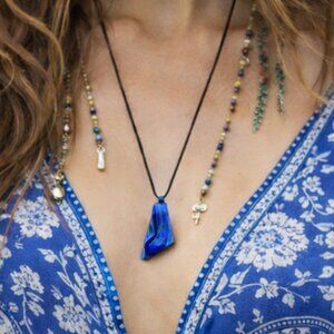 Bohemian necklace with a Zen figure made of wood and fused glass